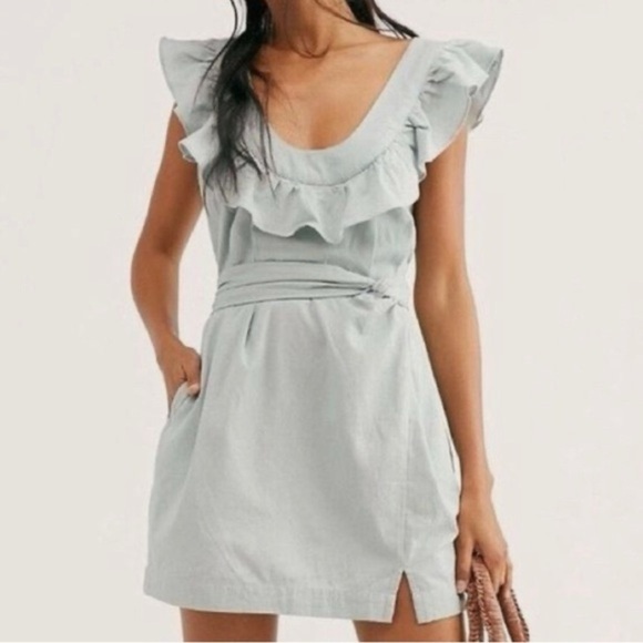 Free People • Ruffled Light Blue Lara Dress Criss Cross Back - Picture 1 of 11
